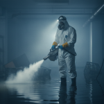 Forensic biohazard decontamination specialist responding to Category 3 sewage flood.