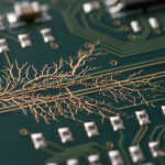 Microscopic view of conductive anodic filament growth inside a server circuit board.