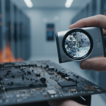 Forensic inspection for micro-soot on server components after a fire in a Houston data center.