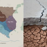 Map of Houston soil types and flood zones; Cracked concrete foundation slab