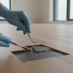 Specialist precisely desicating water-damaged luxury hardwood flooring in Bellaire, demonstrating surgical remediation.