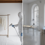 24/7 Restoration technician in full PPE meticulously inspecting for mold in a sophisticated retail boutique, showcasing surgical remediation for Humble luxury showrooms.