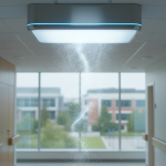 Team of 24/7 Restoration Specialists in full PPE with specialized air purification equipment working inside a Cy-Fair medical facility, performing bioaerosol neutralization.