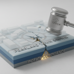 A judge's gavel resting on a stack of detailed legal and insurance claim documents, reflecting the TPPCA Hammer strategy for complex Pearland Town Center commercial property claims.