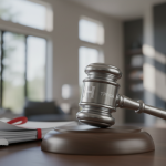 A hand holding a gavel over legal documents detailing a residential property, symbolizing the enforcement of the TPPCA for delayed Kingwood insurance claims.