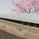 Damaged concrete slab foundation at a Spring retail center, illustrating heave caused by Montmorillonite clay, as discussed in the article.