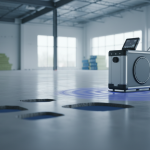Technician operating a Ground Penetrating Radar (GPR) device on a concrete floor to detect sub-slab voids for Memorial retail.
