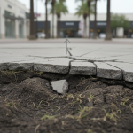 Cracked commercial foundation concrete showing signs of Black Gumbo soil expansion and slab heave in River Oaks.