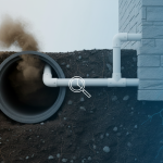 A 24/7 Restoration Specialist in protective gear performing a detailed inspection of a hidden pipe in a Bellaire home, crucial for forensic engineering of stormwater backflow.