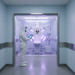 Professionals in protective gear conduct advanced bioaerosol clearing in a Bellaire medical office, ensuring clinical decontamination for 'State 0' neutrality.