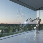 Close-up of a modern office building's glass curtain wall being inspected for moisture intrusion, illustrating surgical remediation in Memorial office parks.