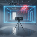 Interior of a luxury Bellaire home damaged by catastrophic water loss, with a forensic laser scanner precisely documenting the scene for insurance claims and Digital Twin Forensics.