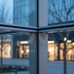 Close-up of condensation on a modern glass-curtain facade, illustrating the cold-bridge effect and potential for systemic mold in River Oaks retail.