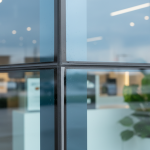 Forensic engineer inspecting condensation and potential mold growth on a modern glass-curtain wall system in a Pearland retail building, illustrating cold-bridge mitigation needs.