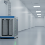 A professional-grade portable HEPA 6-stage air filtration system operating in a sterile-looking environment, exemplifying bioaerosol containment engineering for medical facilities.