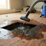 Professional moisture meter detecting hidden water beneath flooring, demonstrating why DIY shop-vacs often fail to fully extract moisture in Houston.