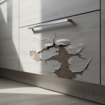 Close-up view of a kitchen cabinet exhibiting significant water damage, with swollen wood fibers and peeling laminate near the base, visually demonstrating the 'Hygroscopic Sponge Effect' critical to understanding cabinet repair.