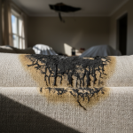 Post-fire scene in Houston, TX, revealing severe smoke damage, dark soot stains on walls, and charred debris, underscoring the chemical threats requiring expert fire damage restoration.