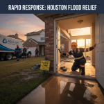 A professional restoration team arriving quickly at a residential property in Houston at night, ready to provide emergency restoration services. Their rapid deployment exemplifies a 24/7 staged dispatch, crucial for a 60-minute 'Golden Hour' response to save homes from ruin.