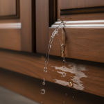 Close-up of a burst plastic ice maker line leaking water onto custom kitchen cabinets, illustrating the unexpected kitchen flood detailed in our article 'Plastic Ice Maker Lines: The Kitchen Flood Nobody Expects'.
