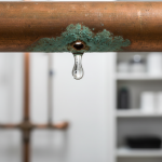 A close-up photograph revealing internal corrosion on a copper pipe, with a small pinhole leak visible, demonstrating the effects of Houston's chloramine water treatment on plumbing.