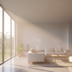 Sunlight illuminates a subtle haze in a room, representing the 'ghost odors' of smoke residue reactivating due to thermal expansion in hot Houston homes.