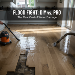 A split visual comparing a small DIY wet vac attempting water extraction on a damaged floor with a powerful, industrial truck mount system. It visually demonstrates the superior 'Water Lift' of professional emergency water extraction, illustrating how a DIY shop-vac leaves significant moisture trapped deep in the subfloor, leading to potential mold growth.