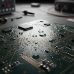A magnified view of a green circuit board, revealing intricate damage and dark fibrous formations characteristic of Conductive Anodic Filament (CAF), an electronics killer that causes circuit boards to short out after water damage.