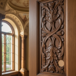 Close-up of intricate, dark stained historic millwork displaying subtle water damage and soot residue. This exemplifies the critical forensic fire and water recovery efforts required for historic preservation projects in Zychlinski Park, Pearland.