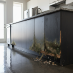 A close-up view of severe water damage affecting the lower kitchen cabinets, clearly showing the swollen and crumbling particle board beneath a dark granite countertop. The cabinetry panels appear discolored and distorted from prolonged moisture exposure, making forensic replacement essential.
