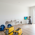 24/7 Restoration Specialist using commercial air movers and a large dehumidifier in a water-damaged Houston home. This setup targets deep, hidden moisture, crucial for true psychrometric drying far beyond what DIY surface extraction achieves.