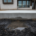 Pooling water against a home's concrete foundation in Cinco Ranch, Katy, demonstrating the risk of Black Gumbo slab heave and the need for expert water damage repair to protect foundations.