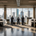 A 24/7 Restoration Specialists team in full protective gear actively extracting extensive water from a flooded commercial office in Houston, TX. This swift, organized response exemplifies the urgent deployment and precision central to our 15/15/5 Framework for rapid asset stabilization and minimizing business interruption.