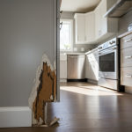 Close-up of kitchen cabinets with severe water damage, showing swollen wood, peeling laminate, and discoloration. This visual demonstrates why superficial repairs for water-damaged cabinets often fail, highlighting the need for a comprehensive assessment using the ITEL Strategy to secure insurance replacement.