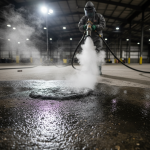 Close-up of a dark, irregularly stained concrete floor surface, illustrating deep Category 3 sewage penetration, as explored in 'Concrete Porosity & Sewage: Why Remediation Specialists Don’t Just Mop'.
