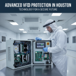 A technician, wearing gloves, carefully inspects or services the internal components of a Variable Frequency Drive (VFD) unit, illustrating 24/7 Restoration Specialists' commitment to protecting critical equipment from humidity in Houston, TX.