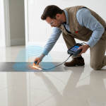 A professional water restoration technician in Houston operates specialized acoustic leak detection equipment on a floor, carefully listening for the distinct sounds of a hidden sub-slab leak. This precise technique is crucial for finding slab leaks without invasive damage.