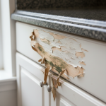 Close-up of a severely water-damaged kitchen cabinet base, swollen and warped near a granite countertop. This image illustrates the critical risks involved in repairing water-damaged kitchen cabinets, particularly the potential for granite breakage during removal or restoration.