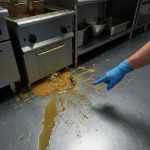 Close-up view of a severely backed-up commercial kitchen grease trap, showing a thick accumulation of solidified FOG (Fats, Oils, and Grease) overflowing onto the floor. This image clearly depicts the unsanitary biohazards requiring immediate attention from Service 247.