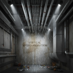 Cross-section diagram showing vertical water migration through a multi-story commercial building's utility chase, illustrating how 24/7 Restoration Specialists track complex high-rise leaks.