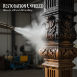 Close-up view of a skilled technician meticulously performing precision dry ice blasting on fire-damaged Sterling Millwork. The process gently removes micro-soot and char, revealing the original historic wood and its delicate patina beneath, without causing further damage.
