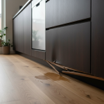 Close-up showing severe water damage to a kitchen cabinet base, with warped, darkened wood and peeling veneer, indicative of a long-term, silent dishwasher leak causing hidden subfloor rot that demands forensic replacement.