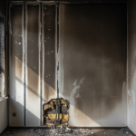 Interior wall exhibiting distinct vertical 'ghosting' patterns caused by thermal bridging, contrasted with general smoke damage. Crucial for precise fire damage restoration in Houston, TX.