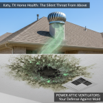 Close-up of a roof-mounted power attic ventilator, demonstrating its design creates negative pressure, drawing humid, mold-causing air into homes, a key concern for mold removal in Katy, TX.