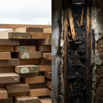 This photograph visually contrasts the common, often harmless 'Lumber Yard Mold' found on new timber with the darker, more concerning appearance of mold associated with toxic water damage, like Stachybotrys. It serves as a visual guide for property owners seeking remediation specialists to identify the key differences.