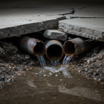Severely corroded cast iron pipe showing a 'bottom-out' failure with a collapsed section and pooling water in the soil beneath a removed concrete slab. This illustrates a common and severe type of slab leak requiring expert water restoration in Houston homes, particularly those built before 1985, as highlighted in our article about cast iron pipe failures.