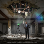 A commercial building, showing structural damage, with a superimposed E57 point cloud overlay demonstrating millimeter-accurate 3D evidence crucial for insurance claim substantiation.