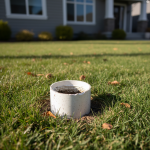 A white PVC sewer cleanout cap is visible in a lush green residential yard. This crucial access point, when compromised, can lead to severe issues like a yard smelling like sewage, mainline clogs, and costly backups under the home's slab, as highlighted in 'Yard Smells Like Sewage? The Cleanout Cap Warning'.