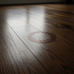 A close-up view of dark custom wood floors showing clear signs of cracking, commonly known as hardwood checking, a direct result of improper drying and the risk of over-drying millwork after water damage.