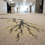 Close-up of commercial carpet tiles showing distinct dark, upward stains, a clear indicator of bitumen bleed damage following a flood. This severe condition requires professional restoration services in Houston TX.